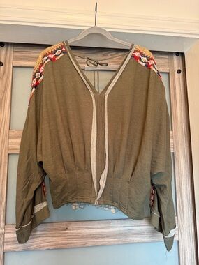 gimmicks by BKE Olive Green Embroidered Shoulder Blouse